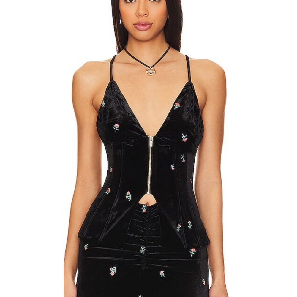 WeWoreWhat‎ REVOLVE Black Velvet Peplum Corset Top Embroidered Roses Size 6